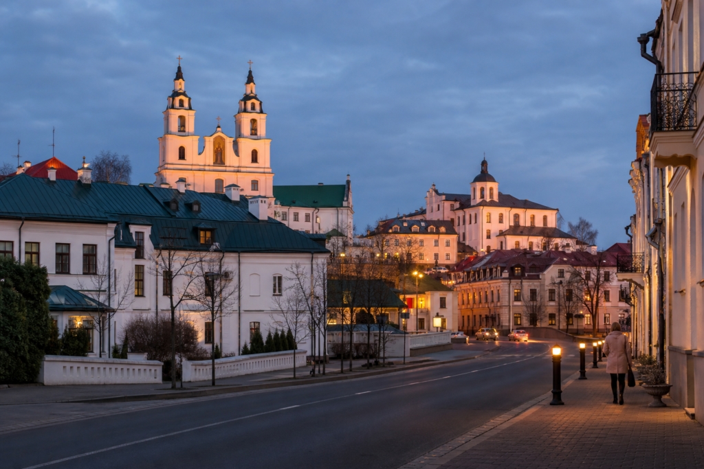 Evening view of central Minsk, Belarus, illustrating a travel guide to the country’s cannabis laws.