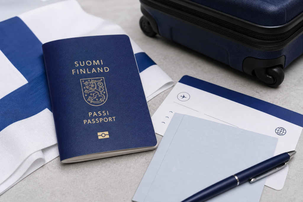 Finnish travel documents and suitcase representing border and customs advice