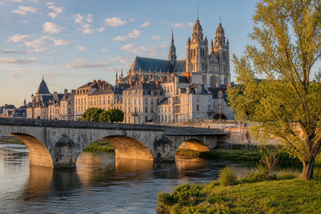 Historic buildings and the Loire River in Tours, France