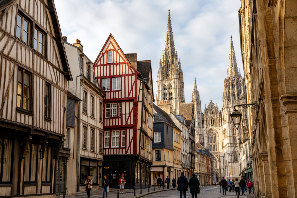 Historic half-timbered buildings and Rouen Cathedral in central Rouen, France