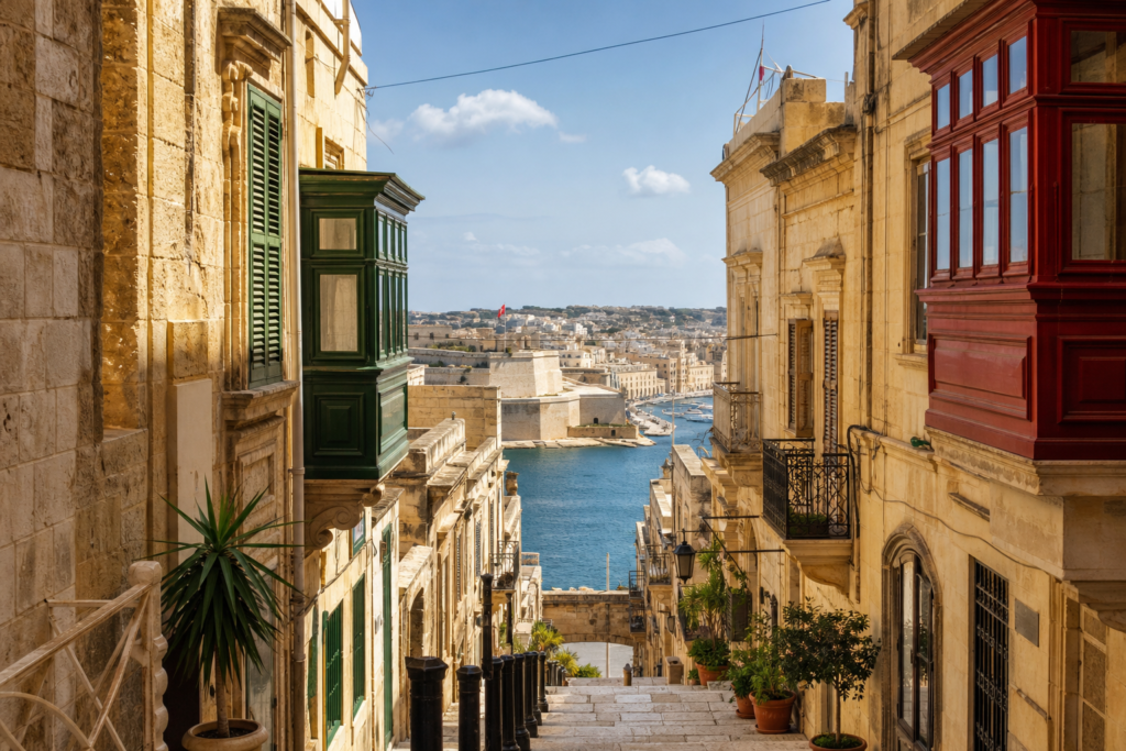 Historic limestone streets of Valletta overlooking the Grand Harbour in Malta