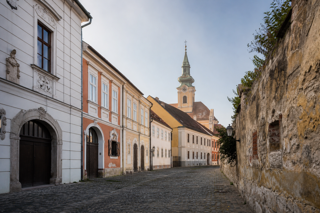 Historic street in Osijek, Croatia, illustrating a travel guide to local cannabis laws.