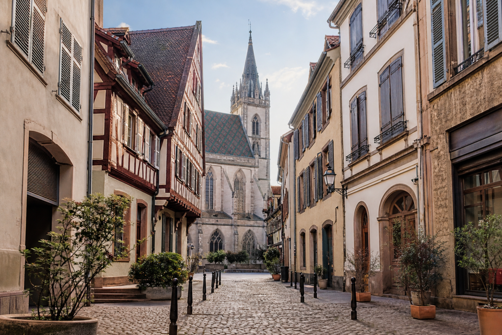 Historic street in central Mulhouse, France, with Alsatian architecture and the Temple Saint-Étienne.