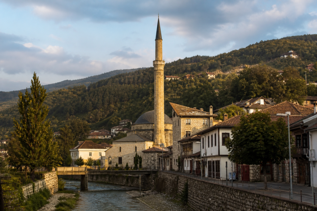 Historic streets and mosque minaret in Novi Pazar, Serbia