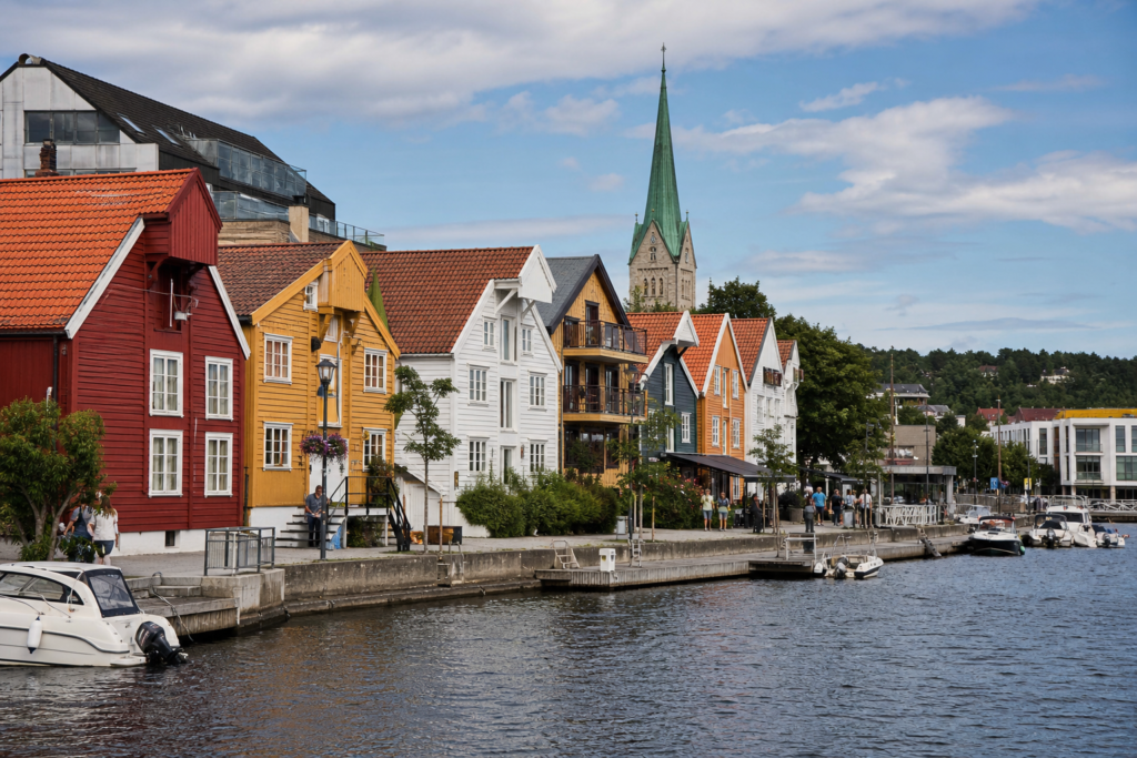 Kristiansand waterfront and historic wooden houses in southern Norway