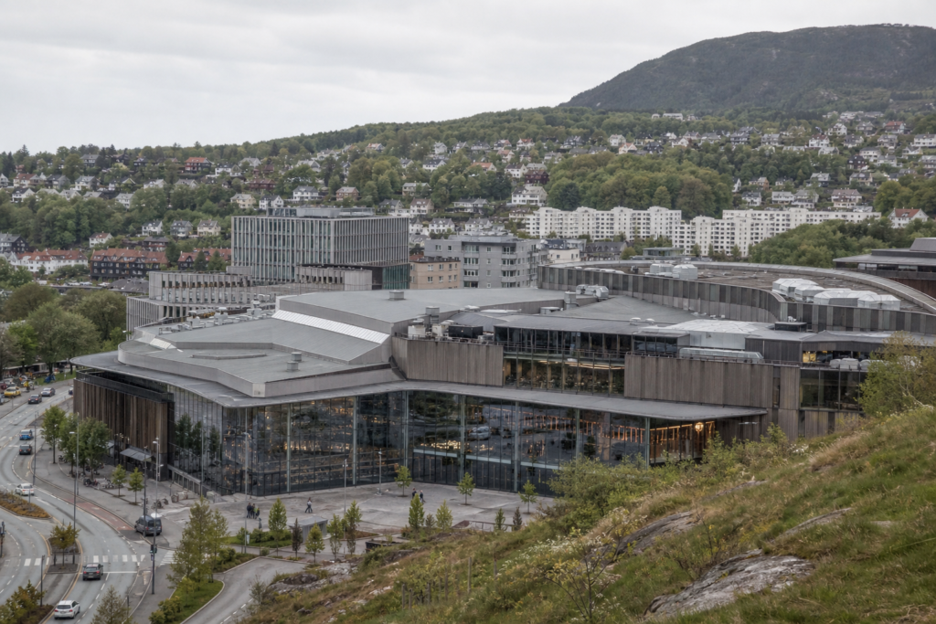 Lagunen Storsenter in Bergen, Norway, with hills in the distance