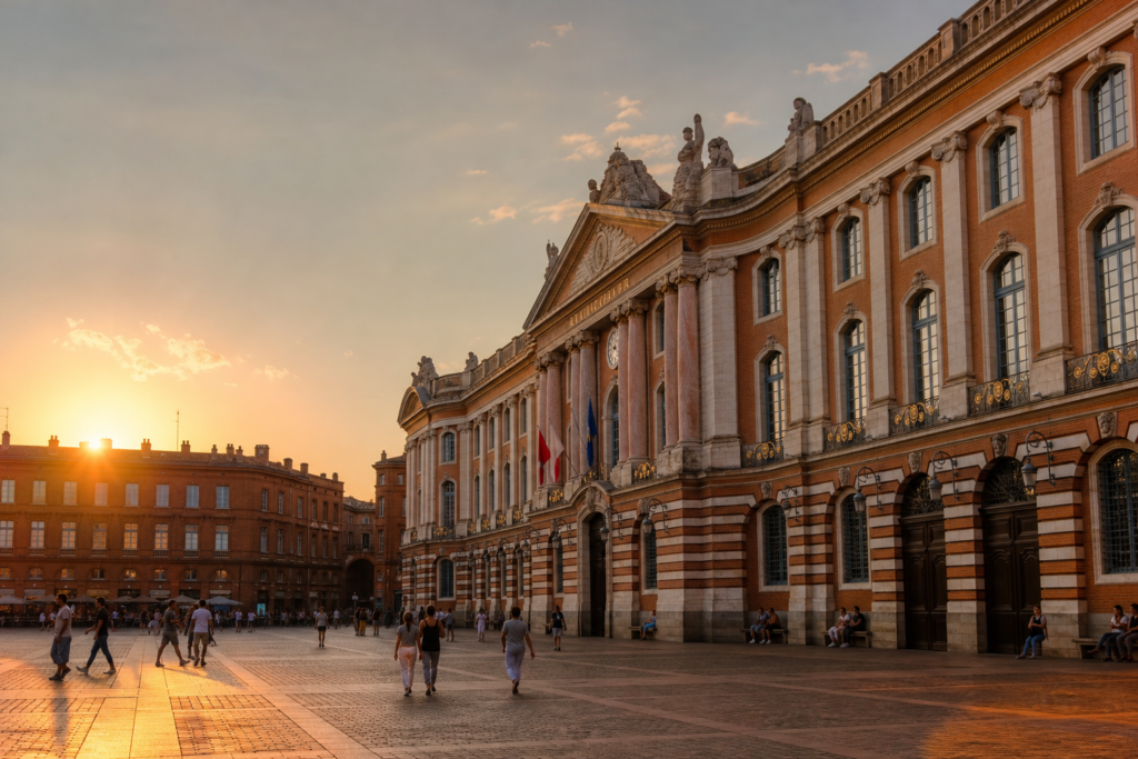 Pink-brick buildings around Place du Capitole in Toulouse, France