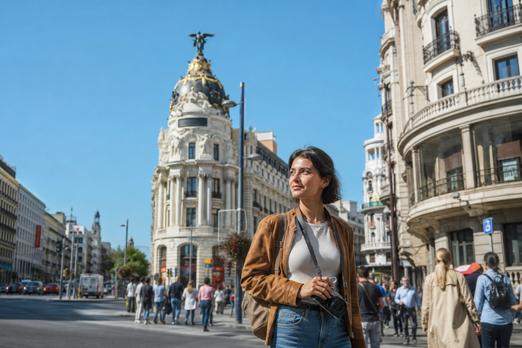 Sunlit street and historic architecture in central Madrid, Spain