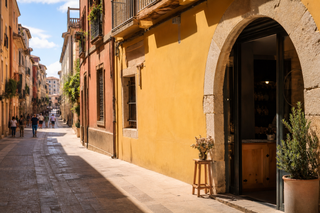 Sunlit street in Perpignan's historic centre