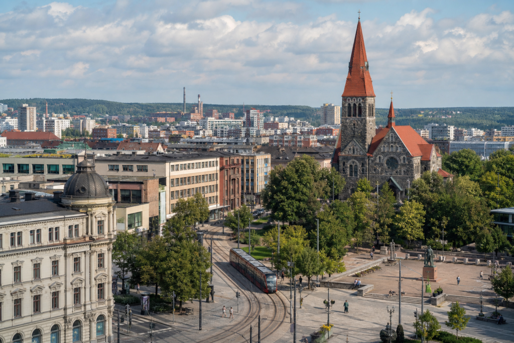 Tampere city centre in Finland with tram tracks and urban landmarks