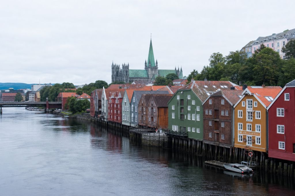 The Nidelva river and historic wharf buildings in Trondheim, Norway