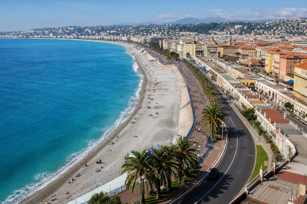 The Promenade des Anglais and Mediterranean coastline in Nice, France