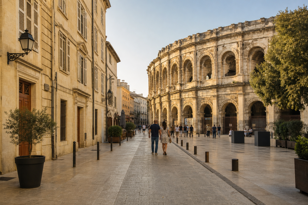 The Roman Arena of Nîmes in warm afternoon light, illustrating a travel guide to French cannabis laws.