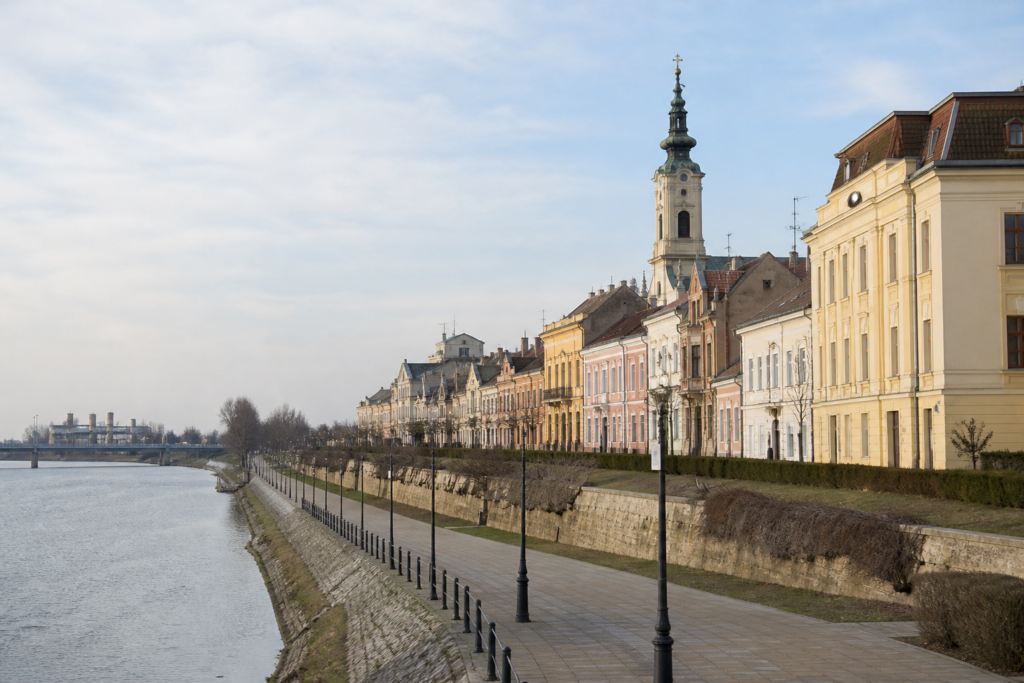 The Tamiš River promenade and historic buildings in Pančevo, Serbia