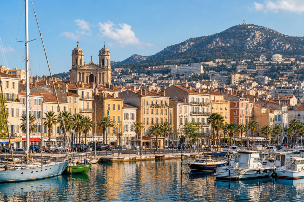 Toulon harbour and waterfront buildings with Mount Faron in the distance