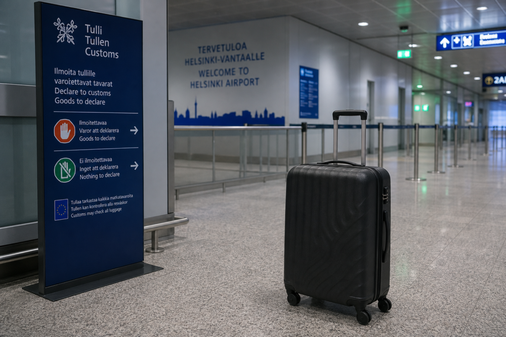 Traveller’s suitcase near customs information at Helsinki-Vantaa Airport