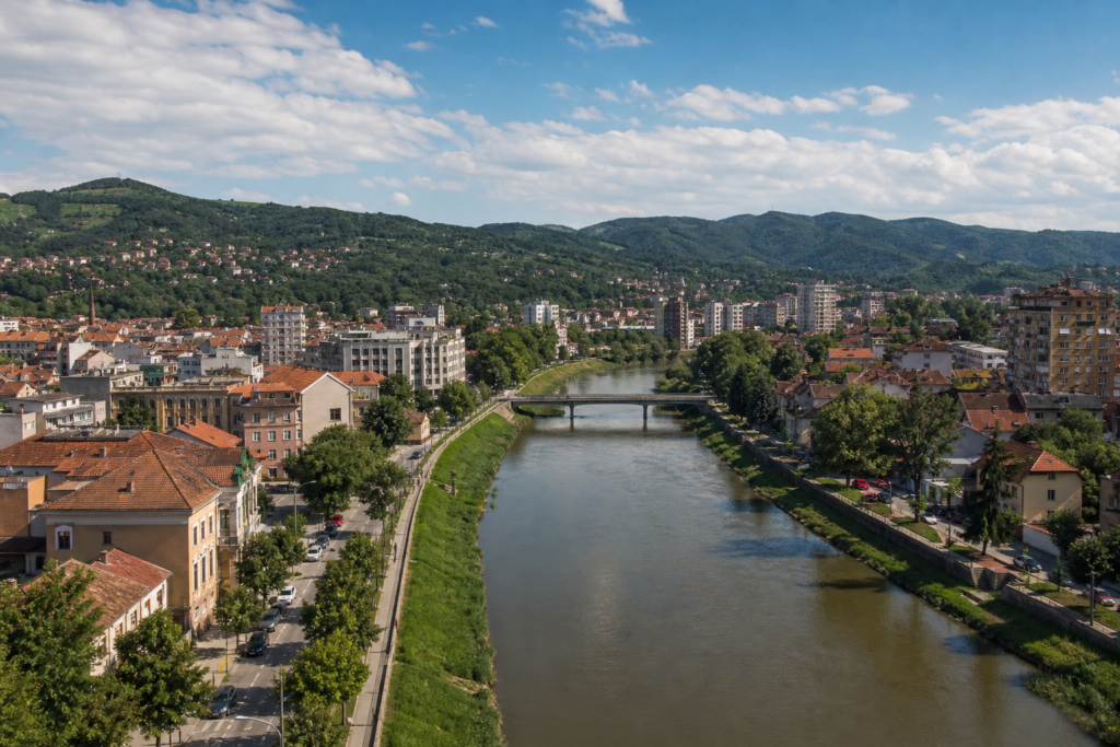 View of Čačak, Serbia, with the West Morava River and surrounding hills