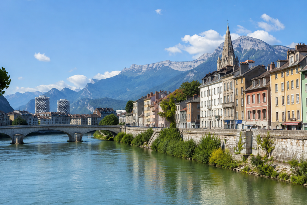 View of Grenoble across the Isère river with the French Alps in the background